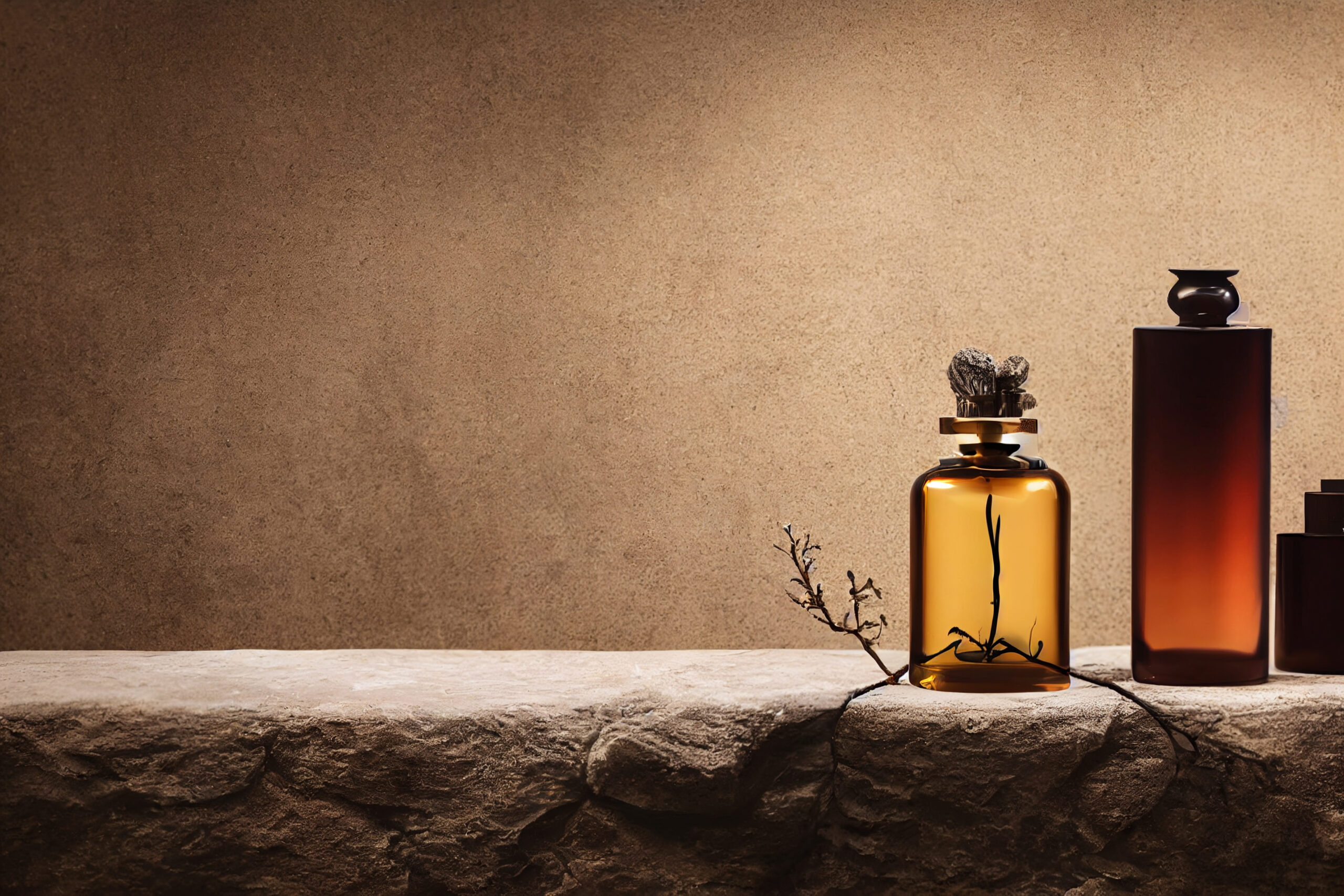 Mockup design of perfume bottle with plant branch on. Empty, blank and copy space wallpaper. Bottle of essential oil with herbs. Elegant and minimalistic podium scene for product presentation.